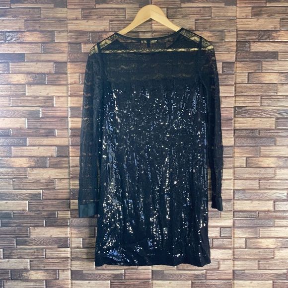 Womens Size 6 Cynthia Steffe Black Longsleeve Lace & Sequence Dress - Picture 2 of 10